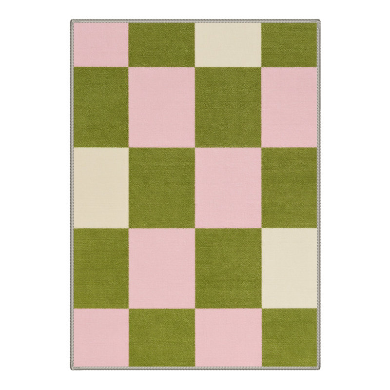 Aura Modern Checkerboard Machine Washable Green / Beige / Pink Indoor Area Rug with Non-Slip Backing, Rectangle 5' x 7'