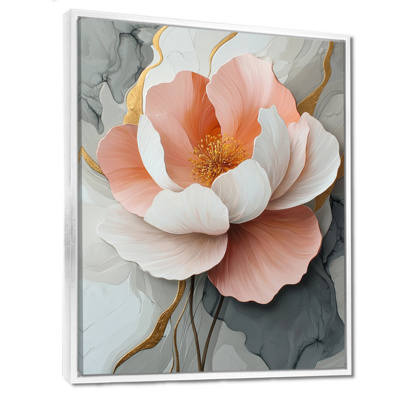 Décoration murale pivoines Monifa blanc et corail marbre II - pivoines, Reproduction avec cadre flottant, H 32 po x l 16 po