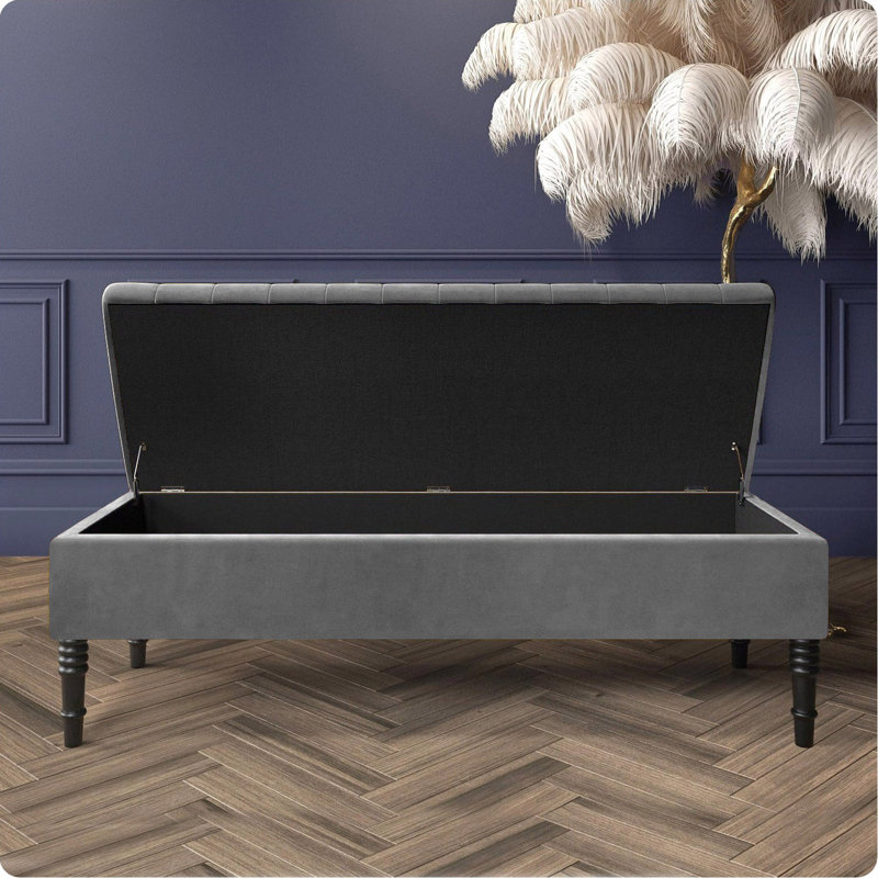 Safar Striped Ottoman Storage Bench – Upholstery Plush Velvet Shoe Bench with Black Turned Wooden Legs, Grey