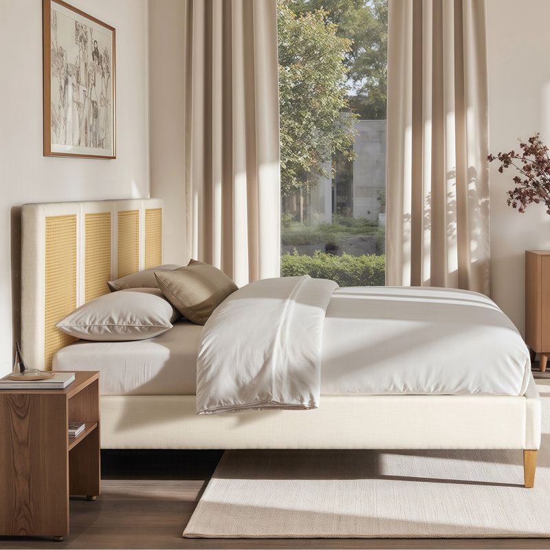 Capri Extended Headboard Cane Platform Bed, Antique White Polyester, King