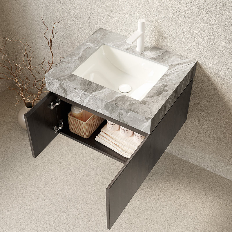 Meuble-lavabo moderne 24 po avec plateau en pierre frittée, lavabo en céramique, Espresso, Light Grey, Single-Hole