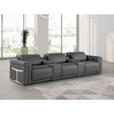 5-Piece 3-Power Reclining Italian Leather Sofa With Power Headrest -  Global United, 1126-DK_GREY-5.3-HT