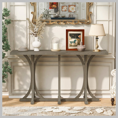 Console en bois 59,8 po avec plateau en placage, table d'entrée de ferme avec pieds courbés minces en bois d'hévéa