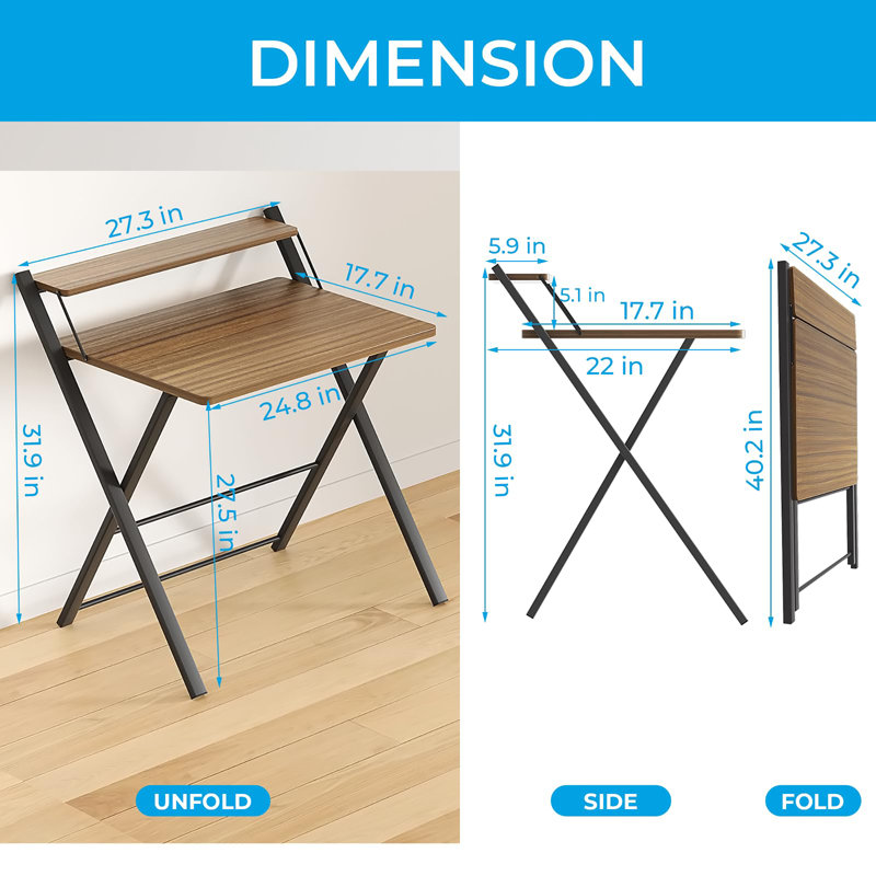 Bureau pliant sans assemblage requis Petit bureau d'ordinateur pliable à 2 niveaux avec tablette pour bureau à domicile, table d'ordinateur portable compacte et compacte