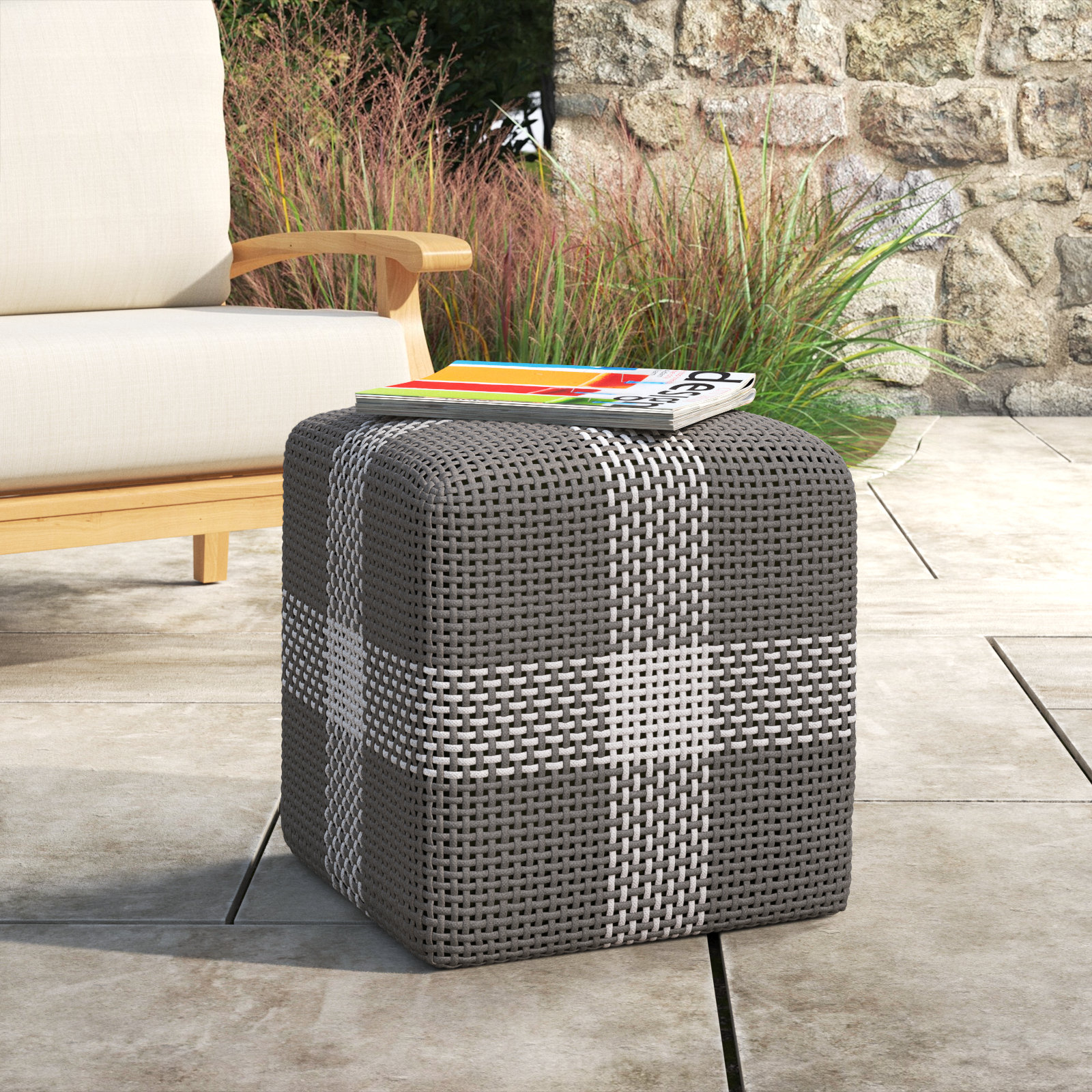 Outdoor Ottoman, Gray/White