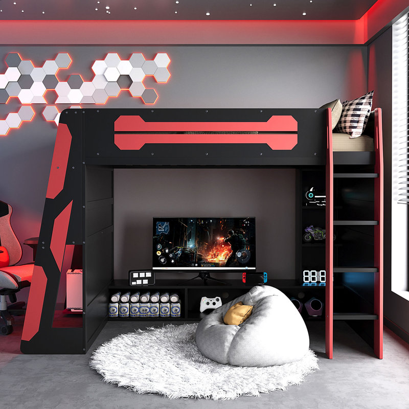 Lit mezzanine en bois avec bureau, Rouge, Lit simple