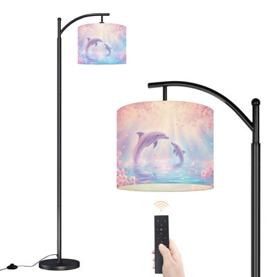 Arc Floor Lamp Dolphins Tranquil Cherry Blossom Scene Soft Pastels Floor Lamps with Remote LED Lights Adjustable Lamp Shades Tall Standing Lamps for Reading Office Living Room