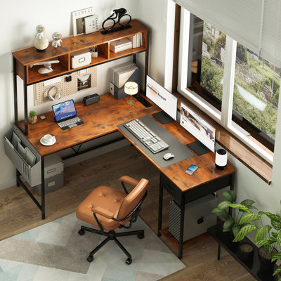 55 Inch L Shaped Desk With Power Outlet And Led Lights,Corner Gaming Desk With Storage Shelf,Computer Desk L Shape For Home Office