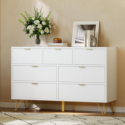 7 Drawer Dresser 47.2 in Wide Modern White Dresser for Bedroom Wooden Chest of Drawer with Gold Metal Legs and Handles Narrow Entryway Table Storage Organizer for Living Room Hallway Entryway