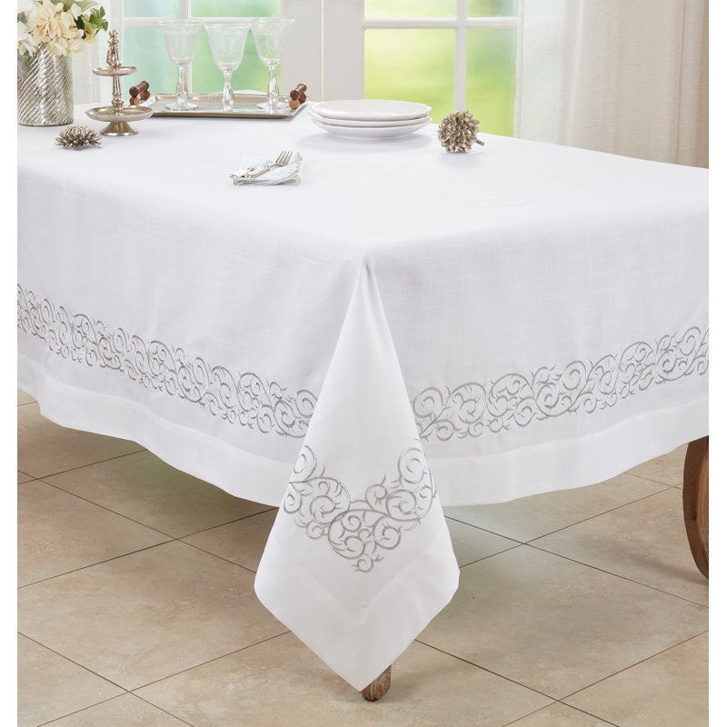 White Embroidered Scroll Fabric Tablecloth, 23 x 19 in