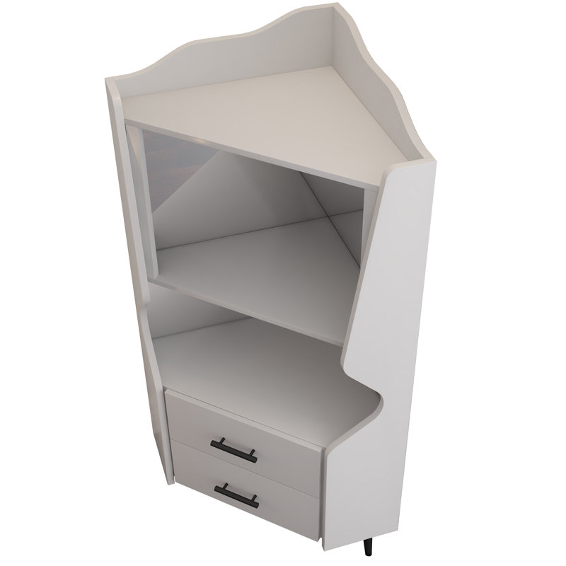 Bar d'angle en bois avec tiroirs et tablettes ouvertes, blanc