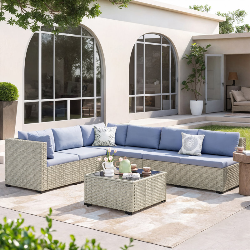 Demasi 6-Person Patio Furniture Set With Comfortable Cushions And Glass Table, Haze Blue