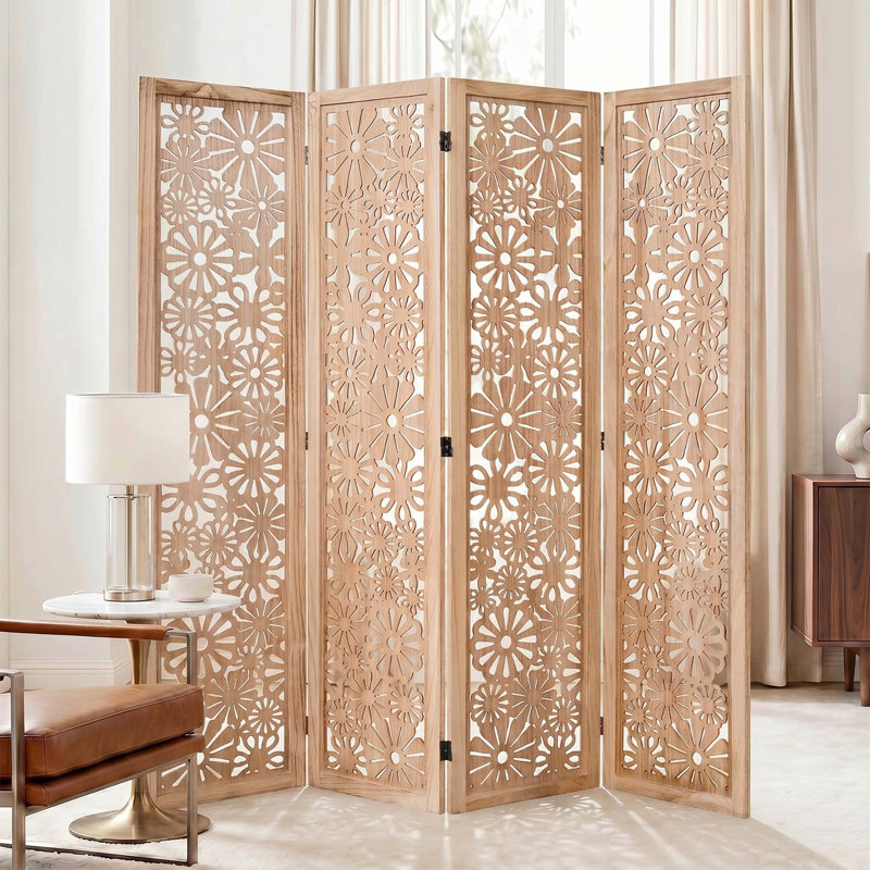 Cloison pliante 67 po Floral, 4, Natural Wood