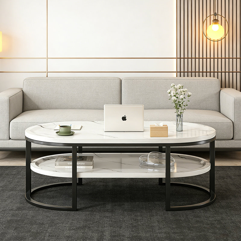 Modern Coffee Table U Shape Steel Frame, 17.71" H x 55.11" L x 23.62" W, White/Black