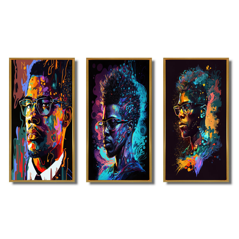 «Malcolm X Illustration», 3 pièces sur toile, H 32 po x l 48 po, Cadre flottant doré