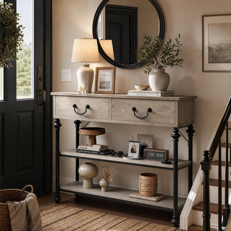 Console moderne grise à 2 tiroirs - conception inspirée d'une colonne romaine, rangement à plusieurs niveaux, structure en métal robuste, entrée étroite et table de canapé pour le salon, couloir, assemblage facile - gris