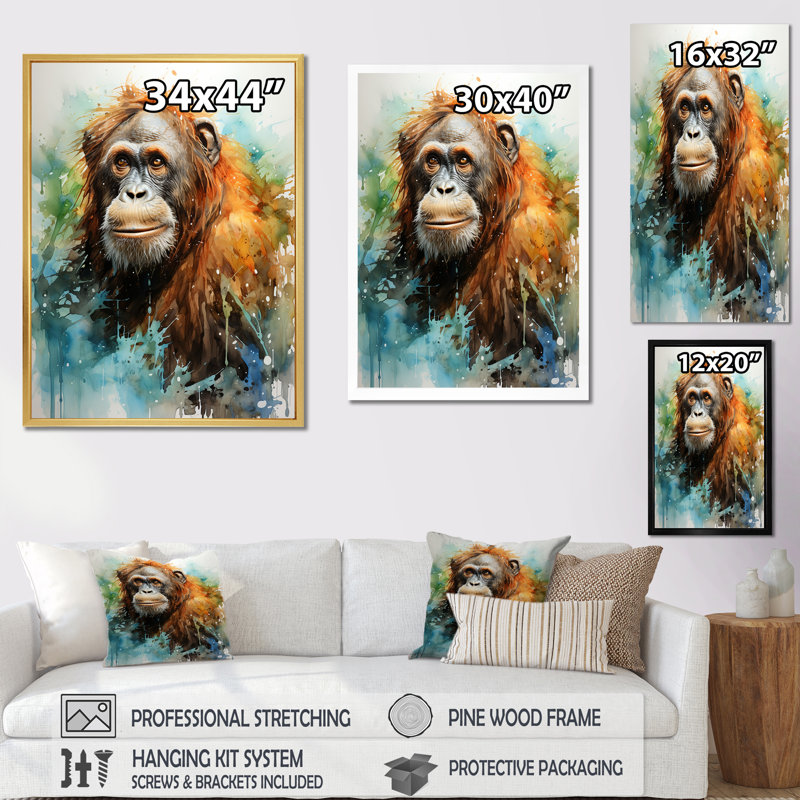 Orang-outan brun dans la forêt tropicale I, H 32 po x l 24 po x P 1 po, Cadre flottant noir