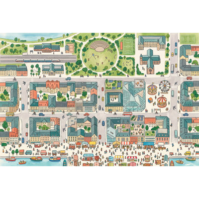 Papier peint illustrée avec carte de la ville, paysage urbain, parc d'amusement amovible, décoration murale