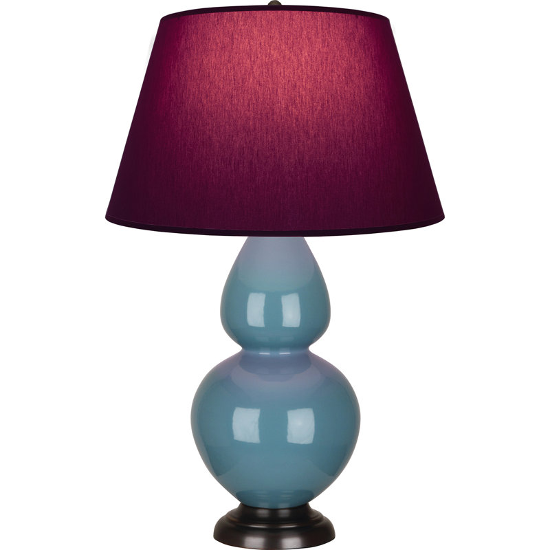 Lampe de table double gourde en céramique, Bleu acier émaillé / bronze, Prune / lavande, Bronze