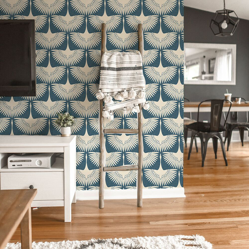 Feather Flock Self-Adhesive Wallpaper Roll, Denim Blue