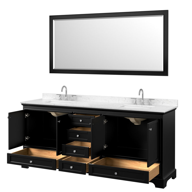 Ensemble de meuble-lavabo double 80 po Deborah en espresso foncé, comptoir en marbre de culture de Carrare, lavabos carrés encastrés (3 trous), garniture en chrome poli, miroir de 70 po