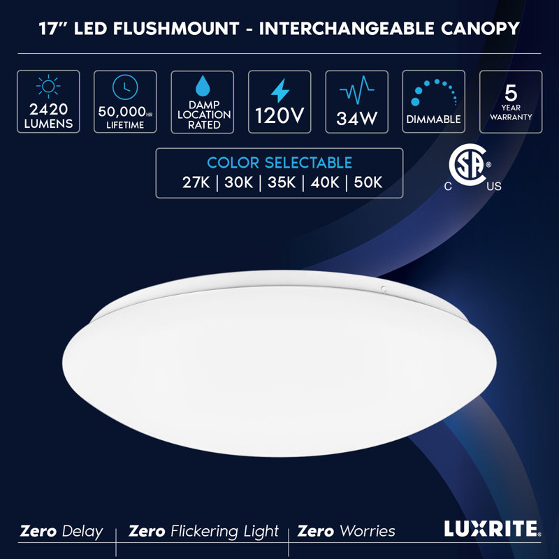 17-Inch LED Flush Mount Ceiling Light Fixture, 5CCT Selectable, 2420 Lumens, 34W, CRI 90, Dimmable Light Fixture, Damp Rated