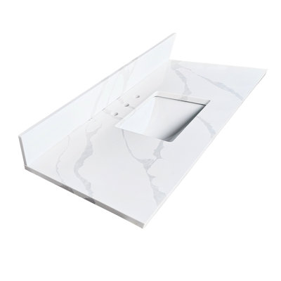 Dessus de meuble-lavabo en quartz blanc de 49 po pour salle de bain, lavabo central encastré simple, dosseret de 4 po de hauteur, 3 trous de robinet pré-percés, salle de bain spacieuse et hygiénique de 49 po de largeur, 22 po de profondeur