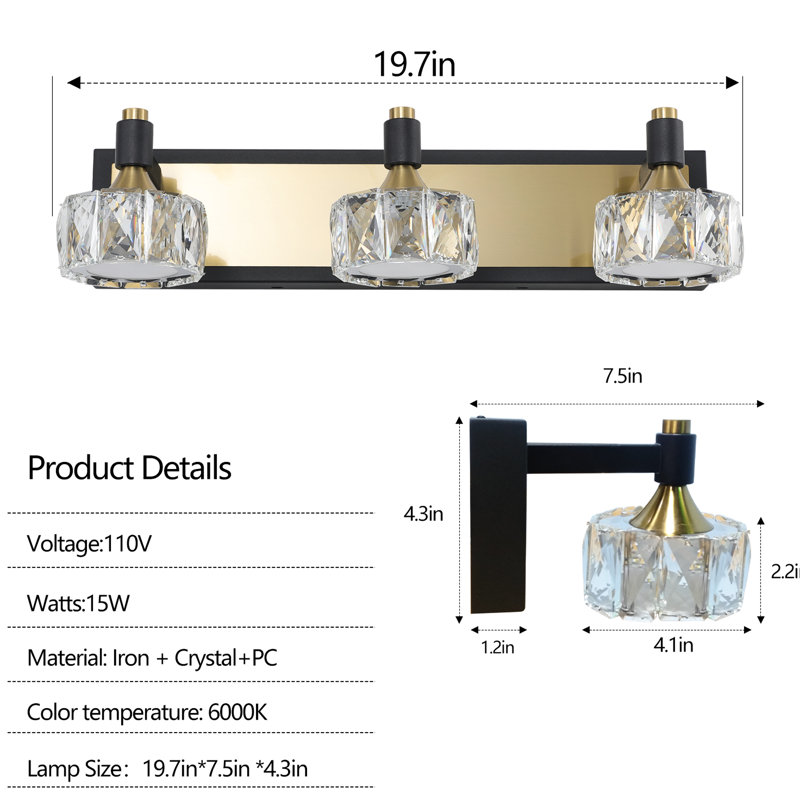 3- Crystal Bath Fixture Over Mirror - Modern Rust Bathroom Lighting