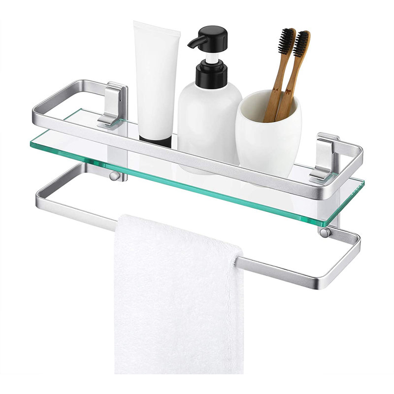 Wall Mounted Rectangle Glass Shelf with Aluminum Rail and Towel Bar, Extra Thick Tempered Glass Floating Shelf for Bathroom Storage Space Saving Design 