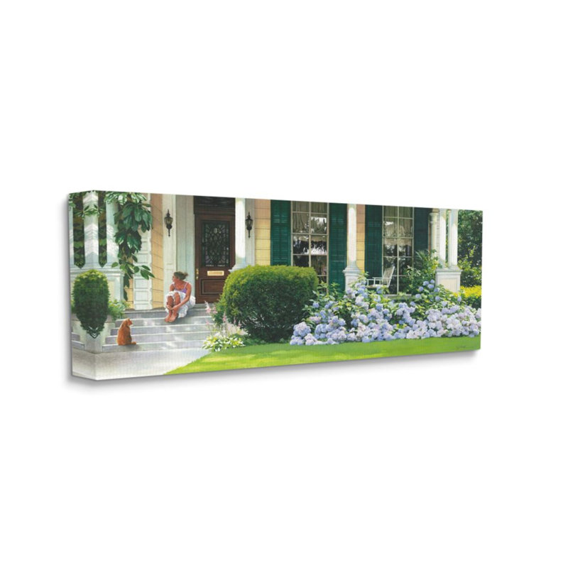 «Woman on Front Porch Blue Hydrangea Shrub» par Heide Presse - reproduction d'art, H 48 po x l 20 po, Toile tendue