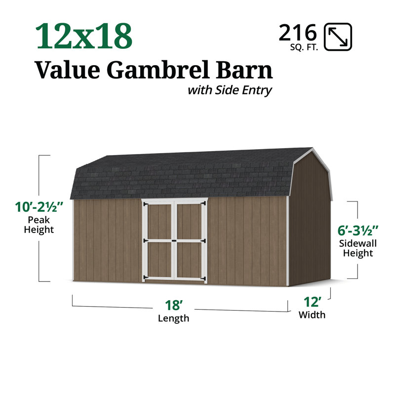 Value Gambrel Barn 6' Sidewalls With Side Entry, No, 122.5" H x 144" W x 216" D