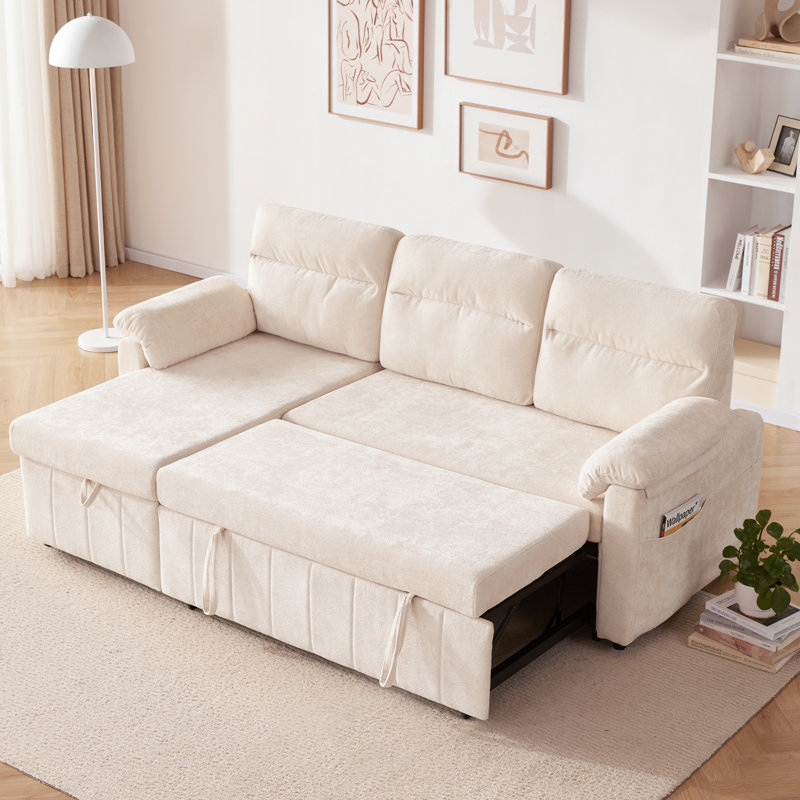 84'' Upholstered Sleeper Sofa L Shape Sofa Bed With Storage and USB, White