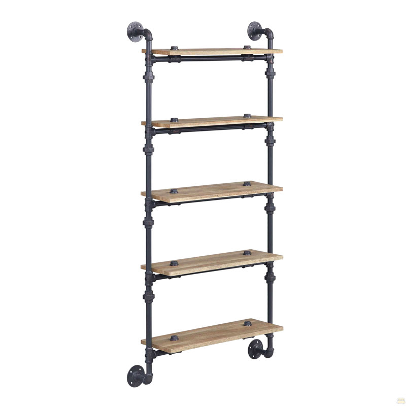 5 Tier Wall Shelf With Metal Tube, Oak And Sandy Black, 59" H x 28" W x 9" D