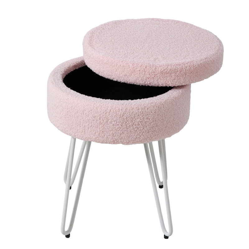 Teddy Fleece Upholstered Storage Vanity Stool, Pink