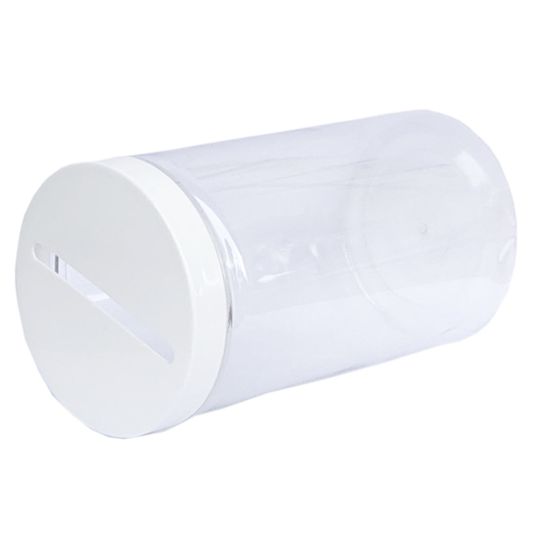 Clear Plastic Donation Can 5.9" Tall x 3.35" Diameter White Twist Lid (Set of 24) Rebrilliant