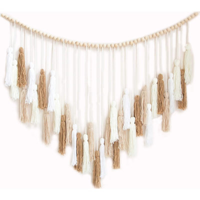 Handwoven Macrame Wall Art With Wood Beads And Neutral Tones