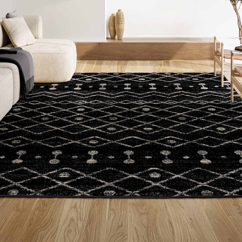 Kerana Moroccan Beni Souk Black/Cream Rug, Rectangle 5'3" x 7'7"