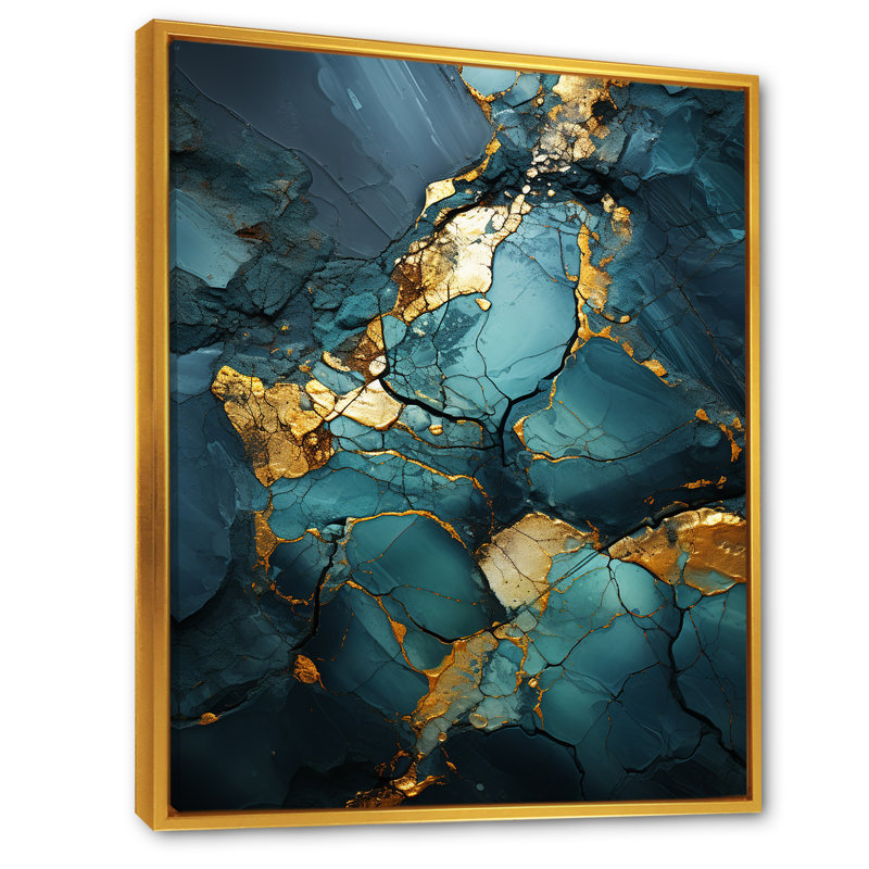 Or et vert motif de marbre abstrait IV - décoration murale en marbre, Cadre flottant doré, H 44 po x l 34 po x P 1,5 po