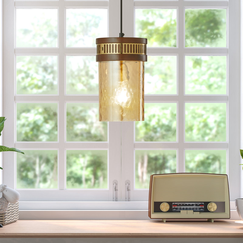 Luminaire suspendu en or 1 lumière Latavious l 6,5 "avec verre texturé brun bois de manguier et abat-jour en verre