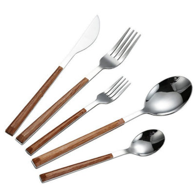 A luxurious set of knife, fork, and spoons with faux wood handles; smooth, easy to use, and aesthetically pleasing; essential cutlery for home gatherings and Western meals.