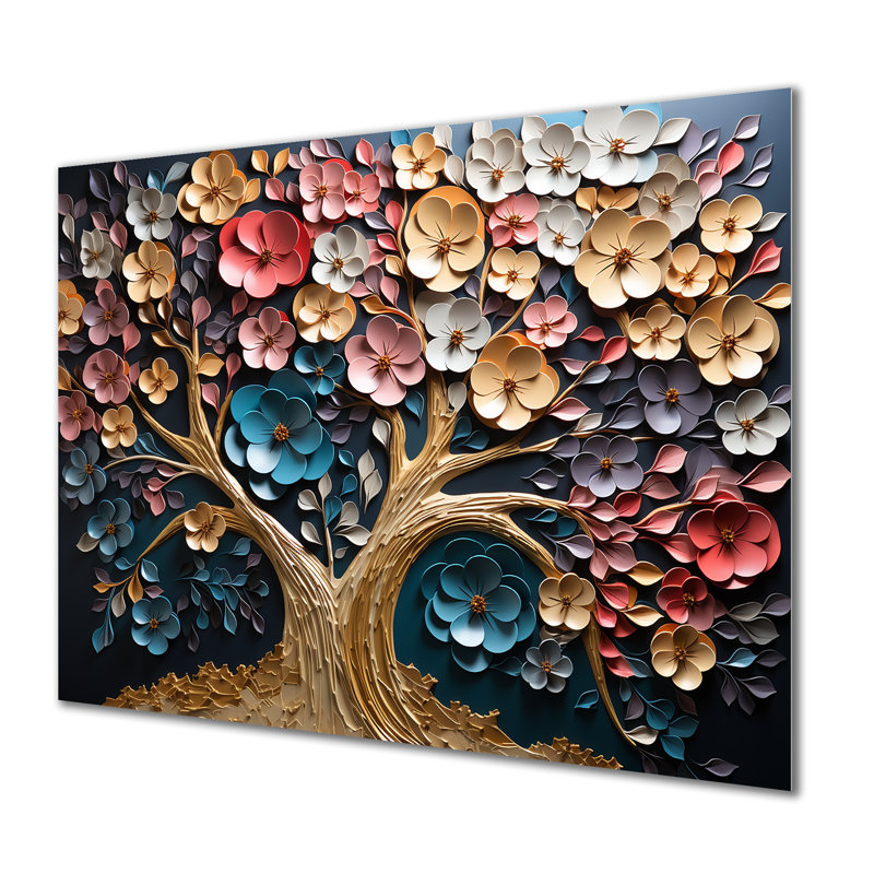 Orchidée dorée colorée, jardin de branches I - art mural arbre en métal, H 30 po x l 40 po x P 1,5 po