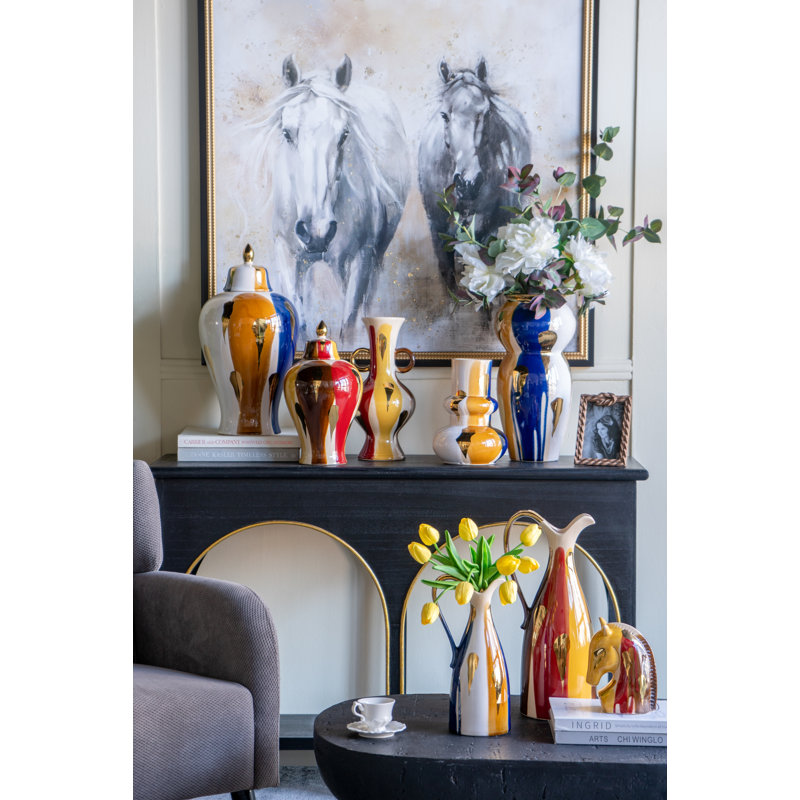 Bulbous Ceramic Vase with Abstract Multicoloured Finish