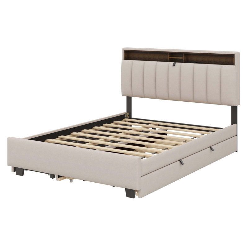 Lit plateforme tapissier avec tête de lit, Lit double , Beige