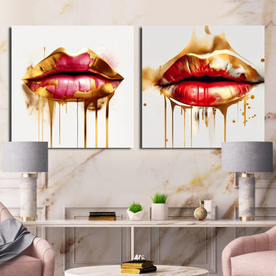 Golden Red Lips Of Luxury - Fashion Square - ensemble de 2 collages carrés