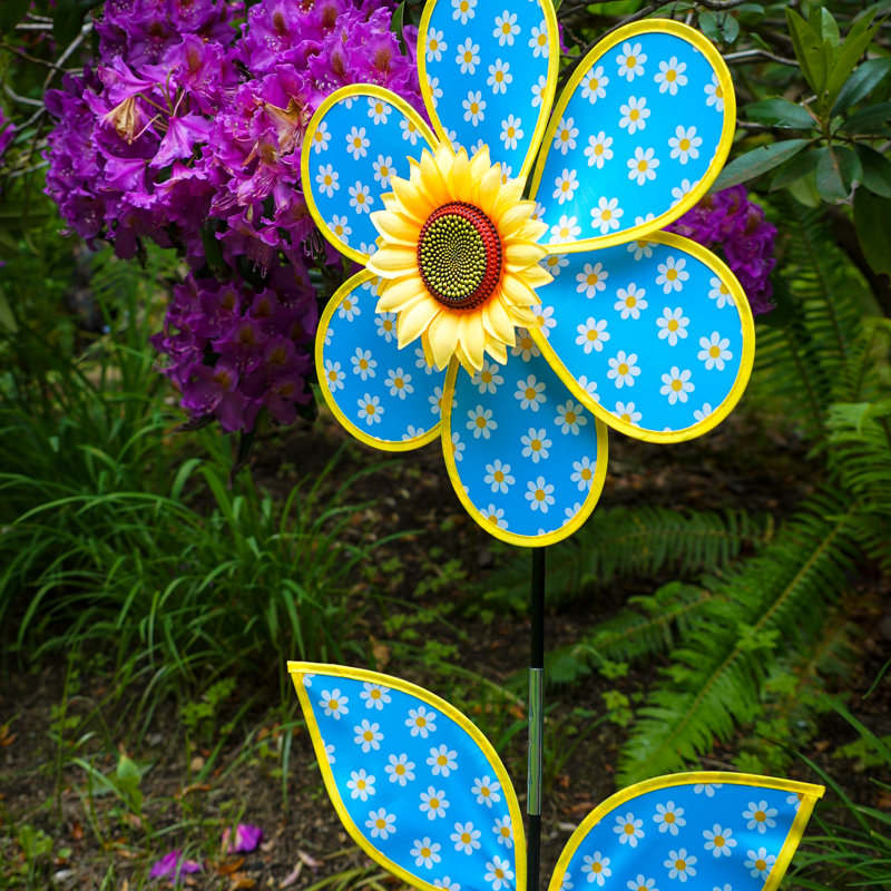 16-Inch Blue Daisy Sunflower Wind Spinner with Faux Leaves