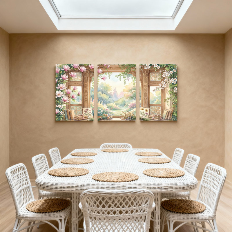 Plantes et fleurs, fenêtre, jardin, livres de réflexion, nature, lumière printanière, ensemble de 3 impressions sur toile