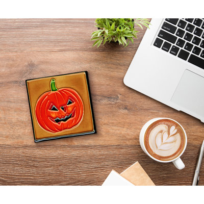 Sous-verre 4 x 4 po Citrouille d'Halloween avec fond brun