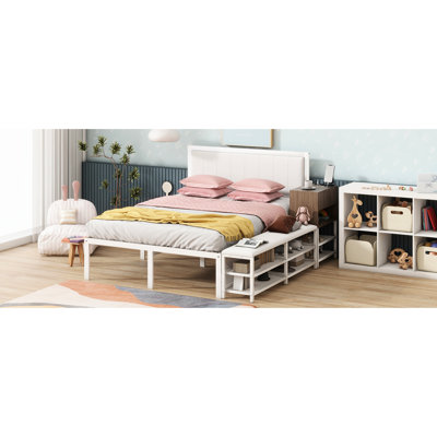 White Metal Platform Bed Featuring Shelves, Wooden Cabinet, And Comfortable Experience Full With Cushioned Footrest Area, Storage,