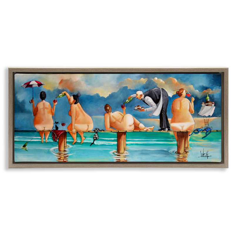 Dames nues s'amusant à la plage, H 11 po x l 25 po, Cadre flottant orme Montalcino