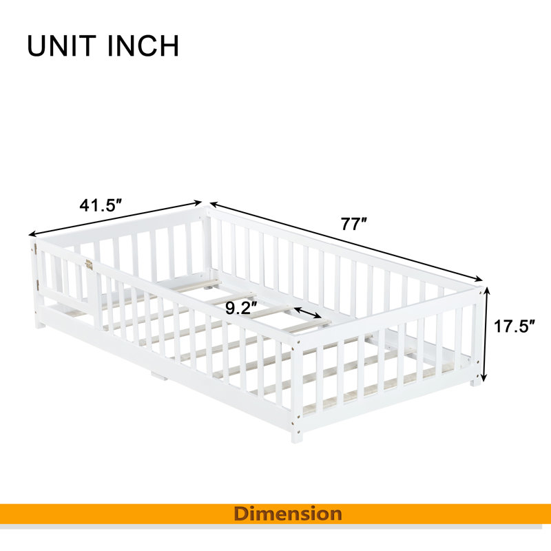 Twin Size Floor Bed With Fence And Door,Rubber Wood Floor Bed With Safety Guardrails, White